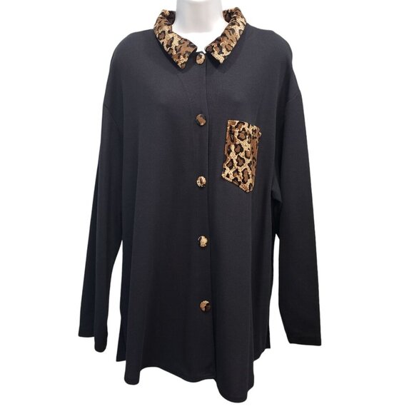 Fashion Bug Sweaters - VTG 90s Fashion Bug 22/24W Ribbed Cardigan Shacket Animal Print Trim Black NEW